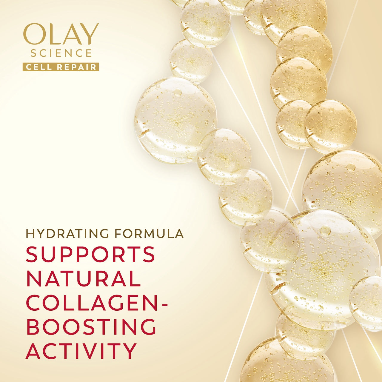 Ingredient molecules. Olay science cell repair. Hydrating supports natural collagen boosting activity