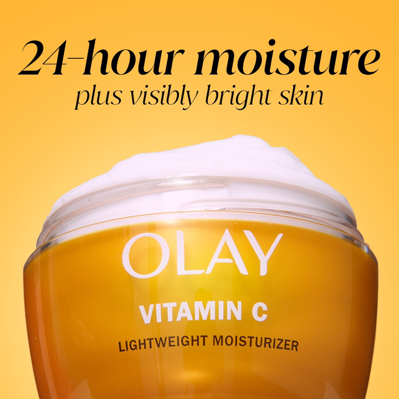 Olay Vitamin C Lightweight Hydrating Moisturizer jar. 24 hour moisturizer plus visibly bright skin