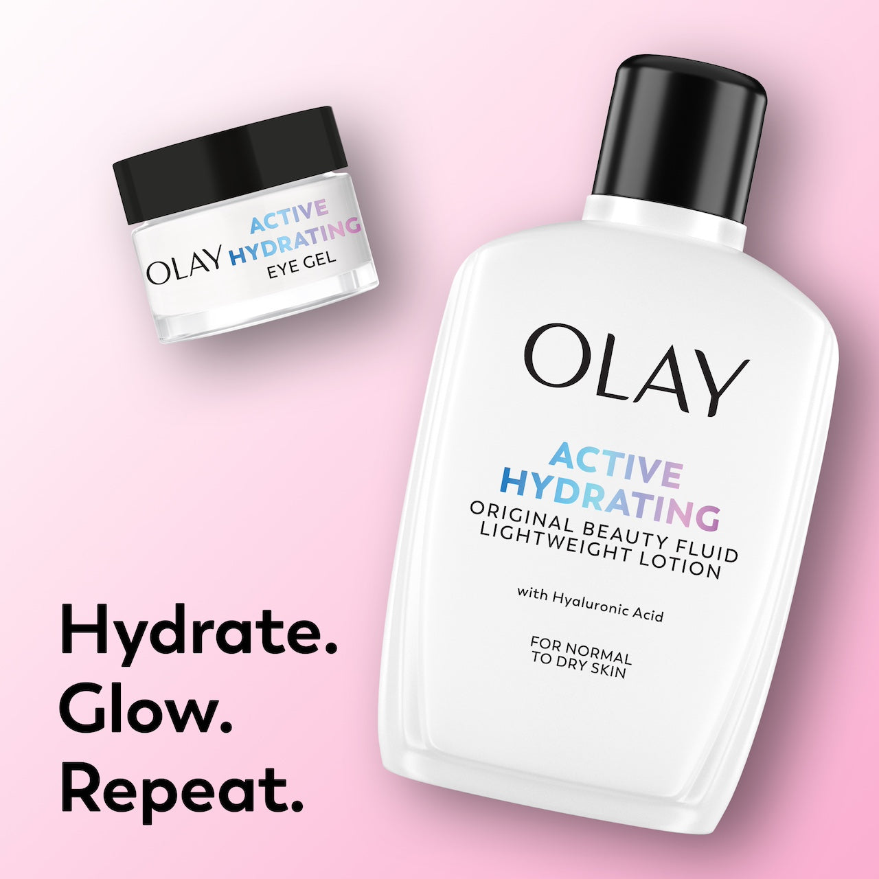 Olay Active Hydrating eye gel and lotion on a pink background