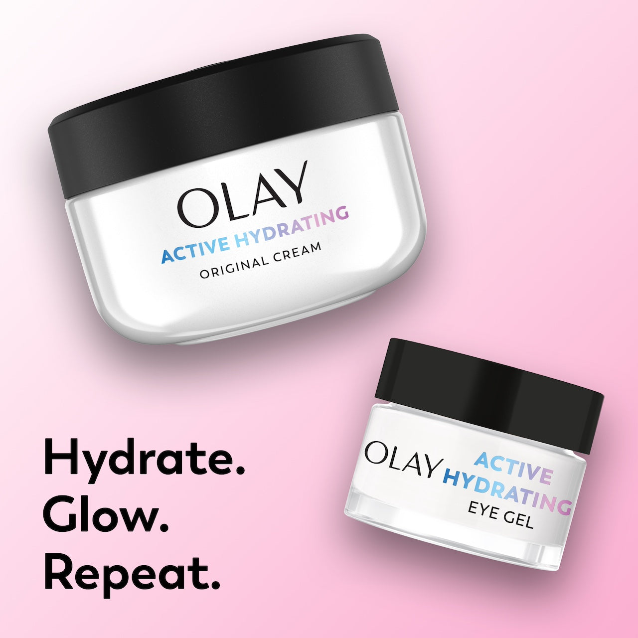 Olay Active Hydrating cream and eye gel on a pink background