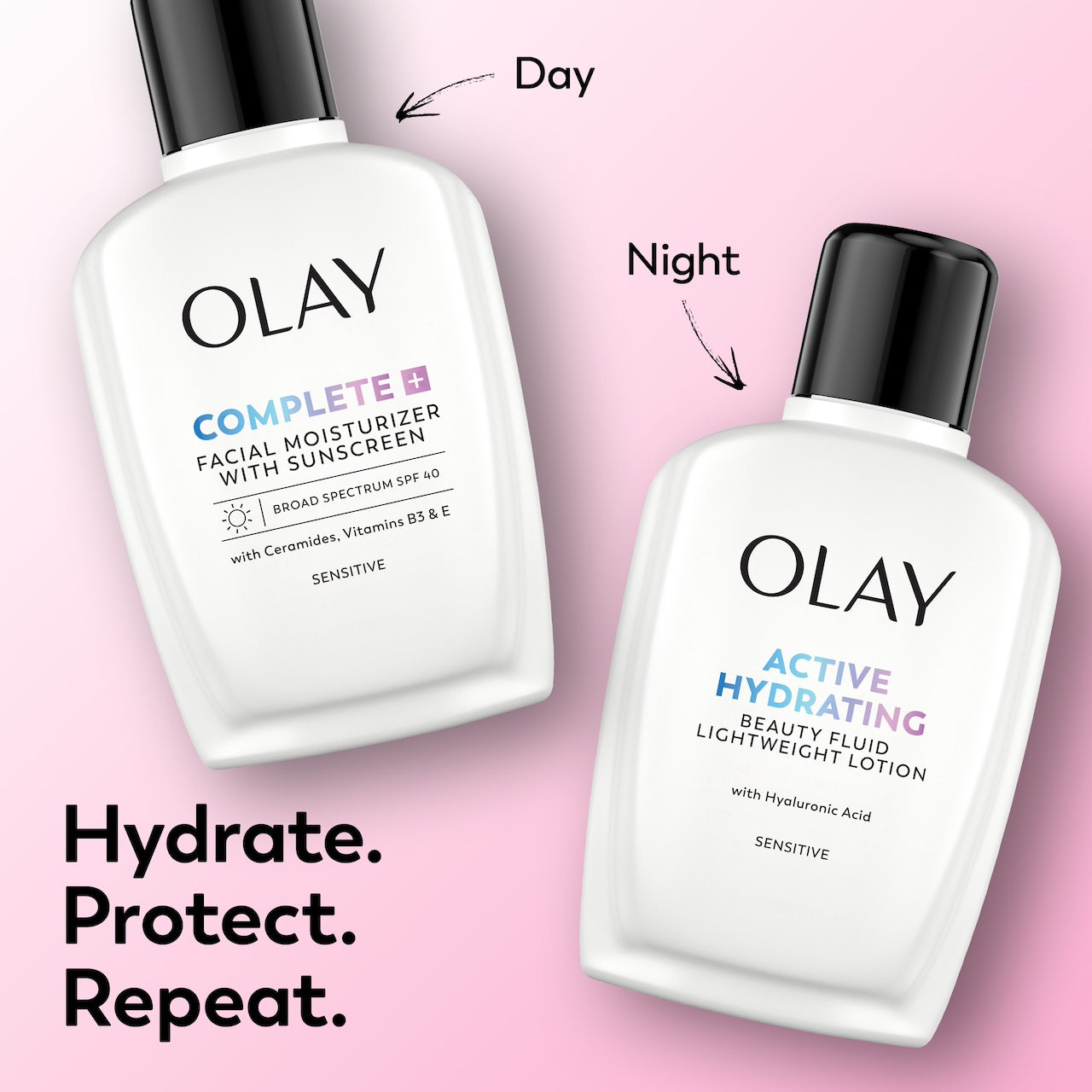 Two Olay skincare products on a pink background with text indicating 'Day' and 'Night'.