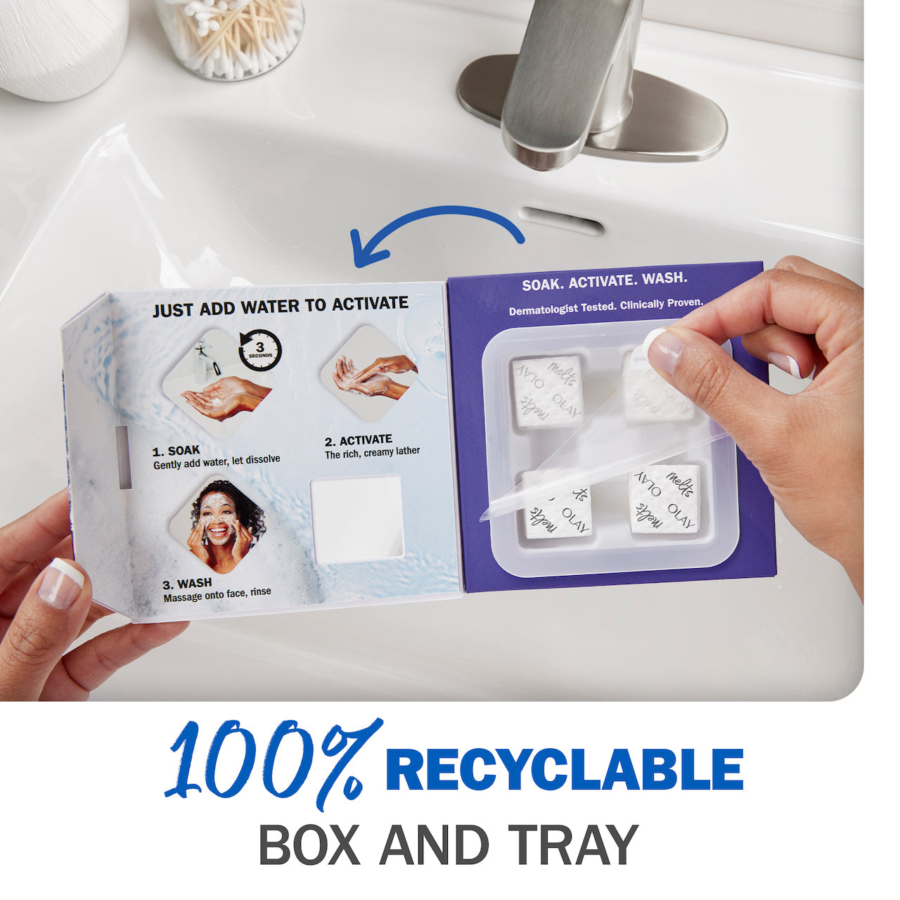 Model holding and open Cleansing Melts box in hands. 100% recyclable box and tray.