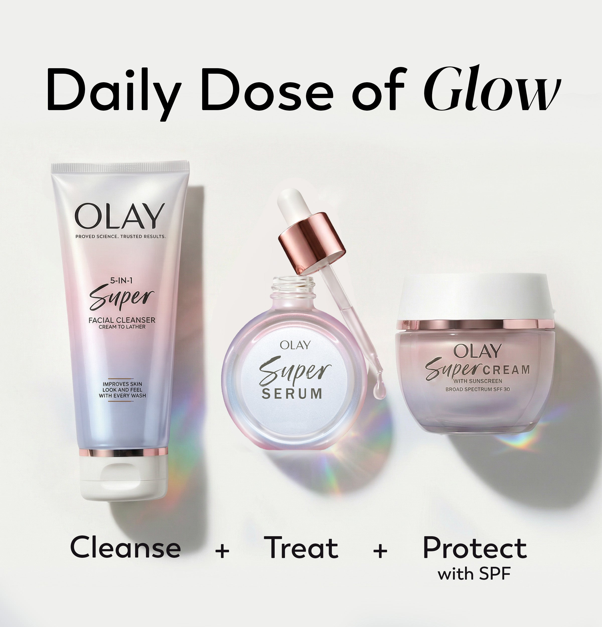 Super collection. Daily dose of glow. Cleanse, treat, protect with SPF. Super cleanser tube, Super Serum bottle, Super Cream jar