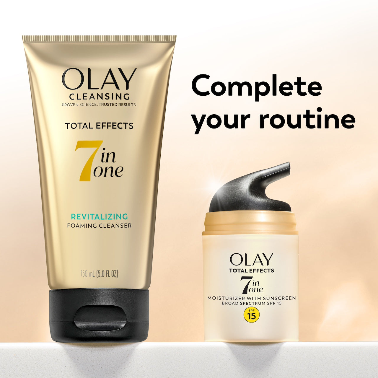 Total Effects Face Moisturizer Fragrance-Free SPF 15 bottle and Total effects 7 in one revitalizing foaming cleanser. Complete your routine.