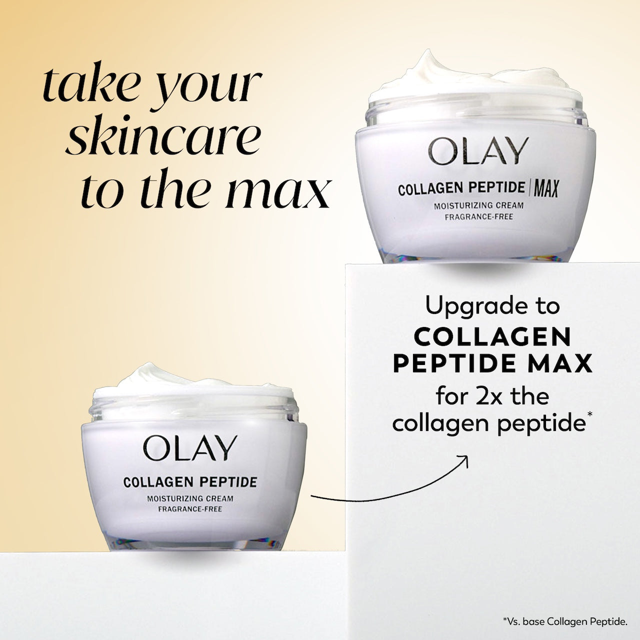 Collagen Peptide Moisturizing Cream jar and Collagen Peptide Moisturizing Cream MAX jar. Take your skincare to the max. Upgrade to collagen peptide max for 2x the collagen peptide* *Vs base collagen peptide