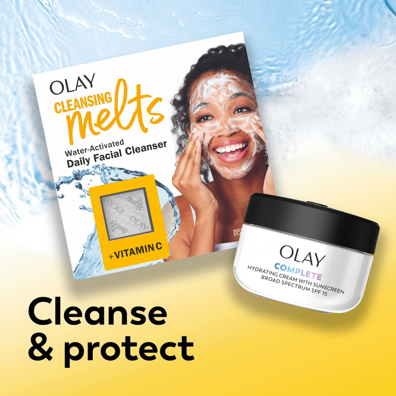 Vitamin C melts box and  Olay Complete Cream Moisturizer with SPF 15 Normal container. Cleanse and Protect