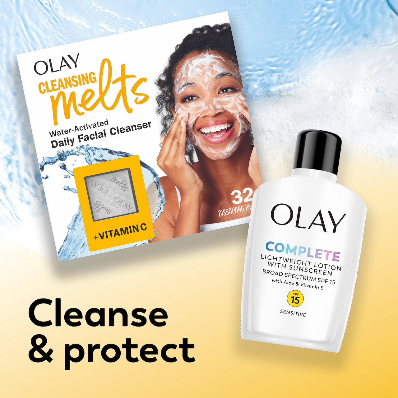 Olay Complete Lotion Moisturizer with SPF 15 Sensitive bottle and Vitamin C melts box. Cleanse and Protect