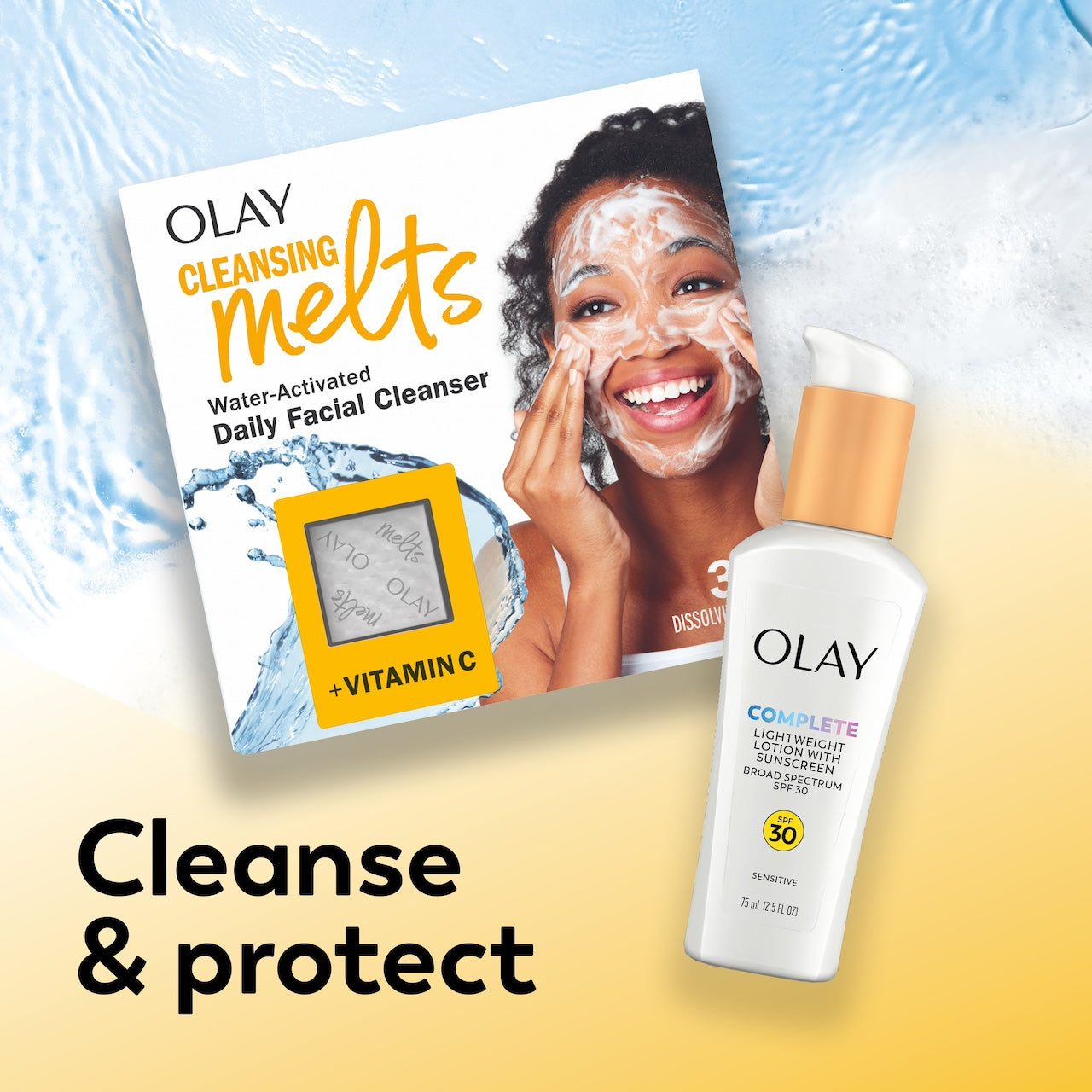 lay Complete Lotion Moisturizer with SPF 30 Sensitive bottle and Vitamin C melts box. Cleanse and Protect
