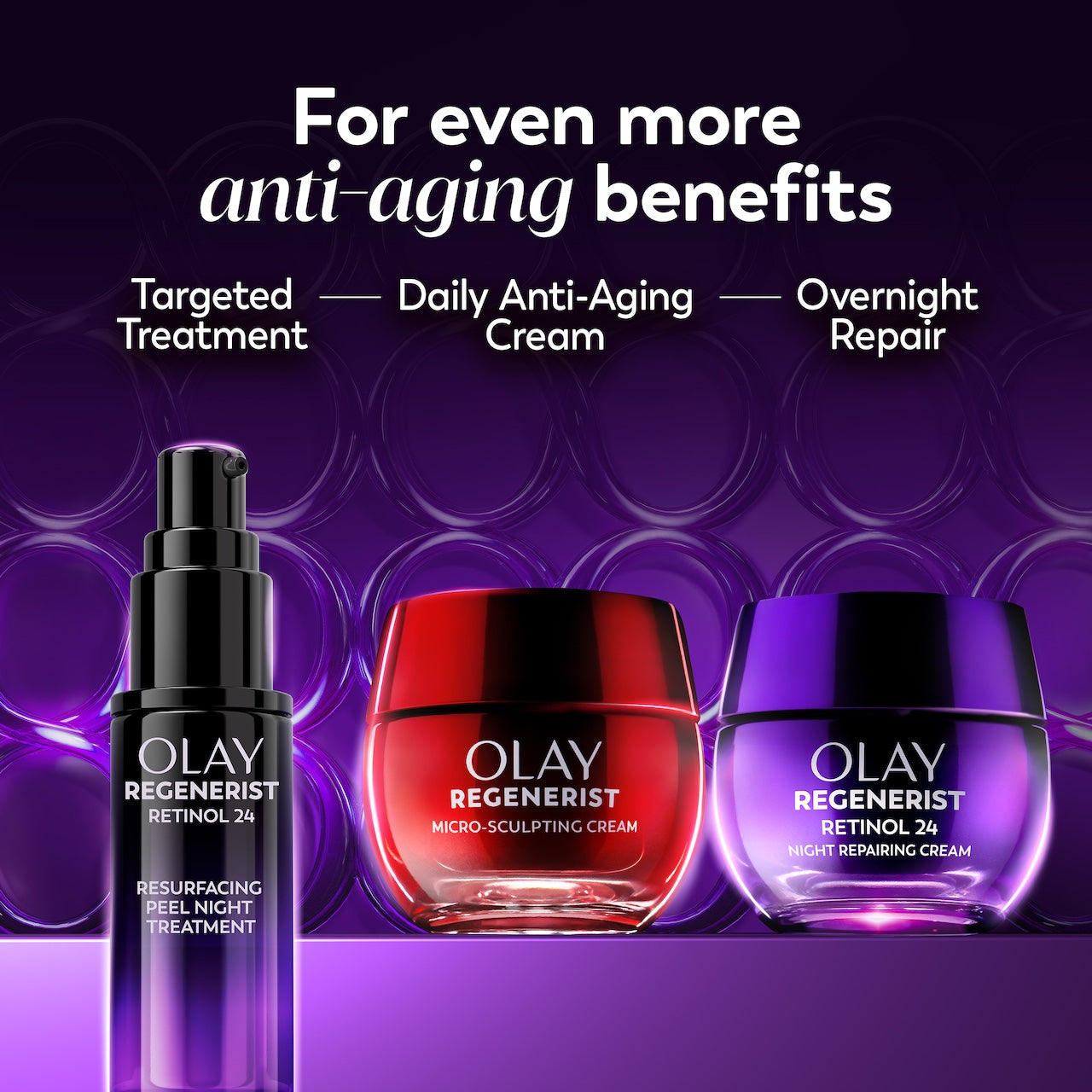 Product Lineup. Regenerist Wrinkle Correcting Night Treatment bottle, Regenerist resurfacing peel Night Treatment bottle, micro sculpting cream jar. For even more anti aging benefits. Targeted treatment. Resurfacing peel . Daily anti aging cream.