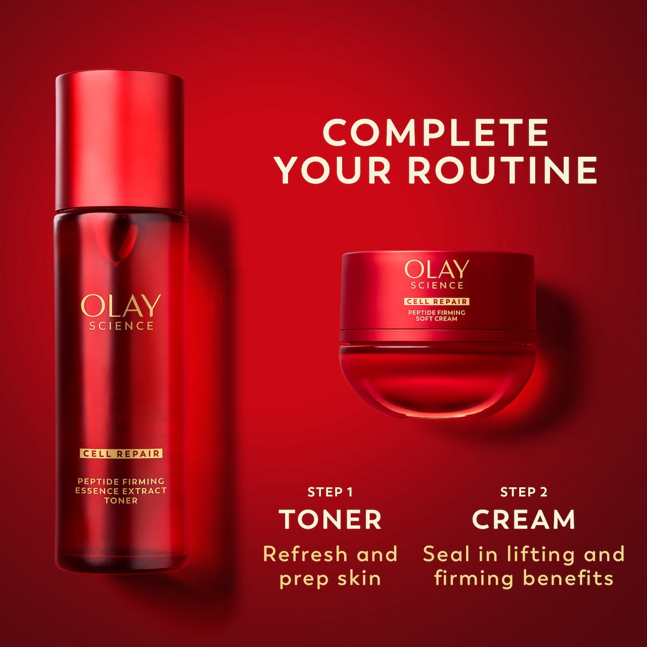 Complete your routine. OLAY Magic AA Soft Cream jar, and Cell Repair toner. Step 1 Toner. Refresh and prep skin. Step 2 Cream. Seal in lifting and firming benefits