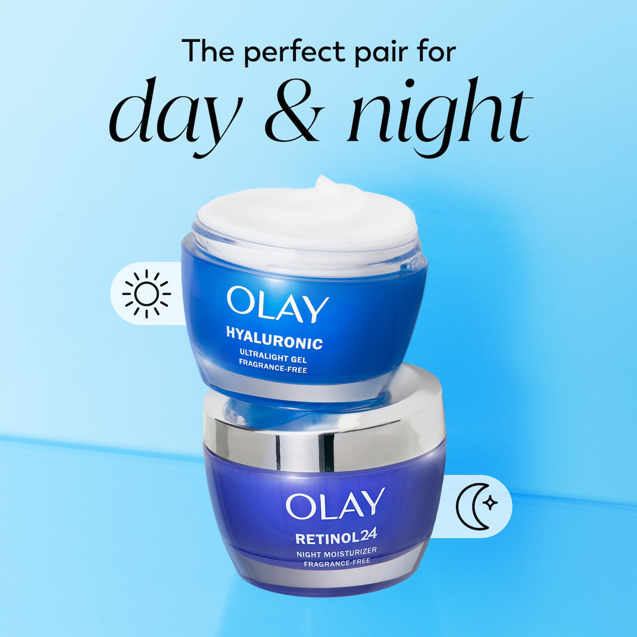 Olay Hyaluronic Ultralight Gel jar and Retinol night face moisturizer jar. The perfect pair for day and night