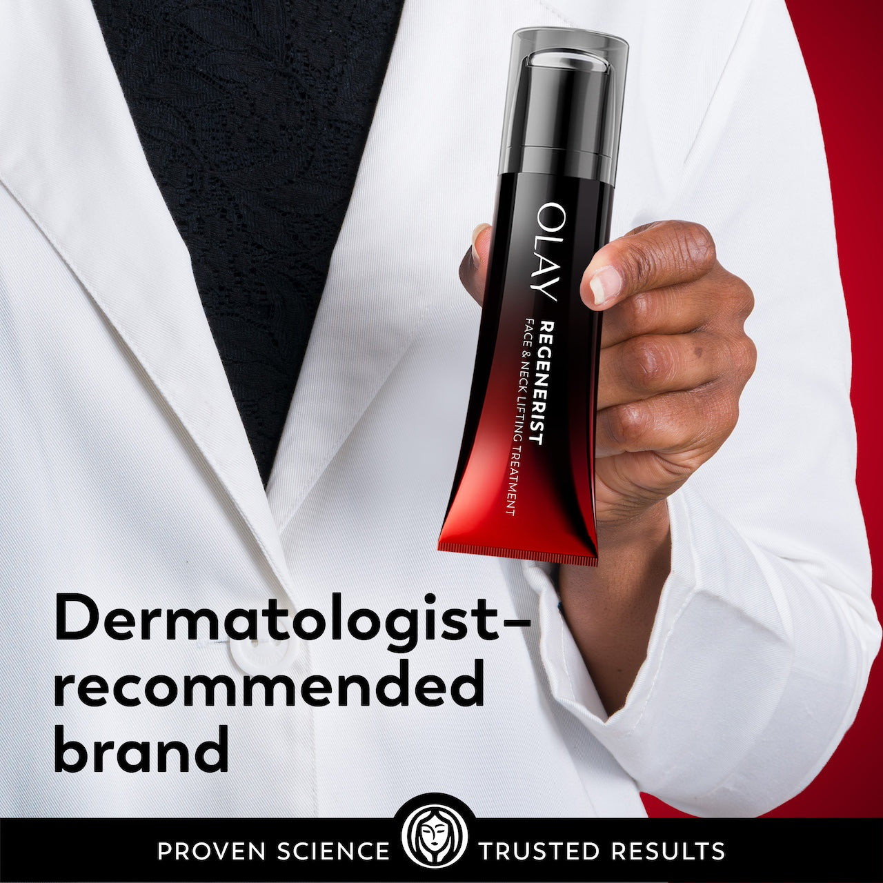 Model in lab coat holding Regenerist Face & Neck Lifting Treatment roller. Dermatologist recommended brand.