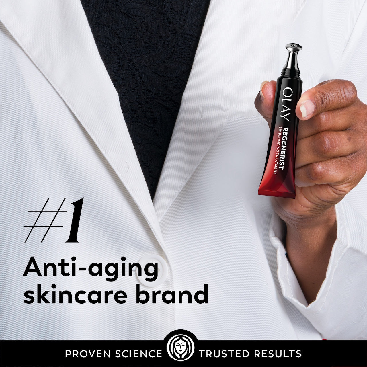 Model wearing a lab coat holding lip treatment tube. #1 anti aging skincare brand