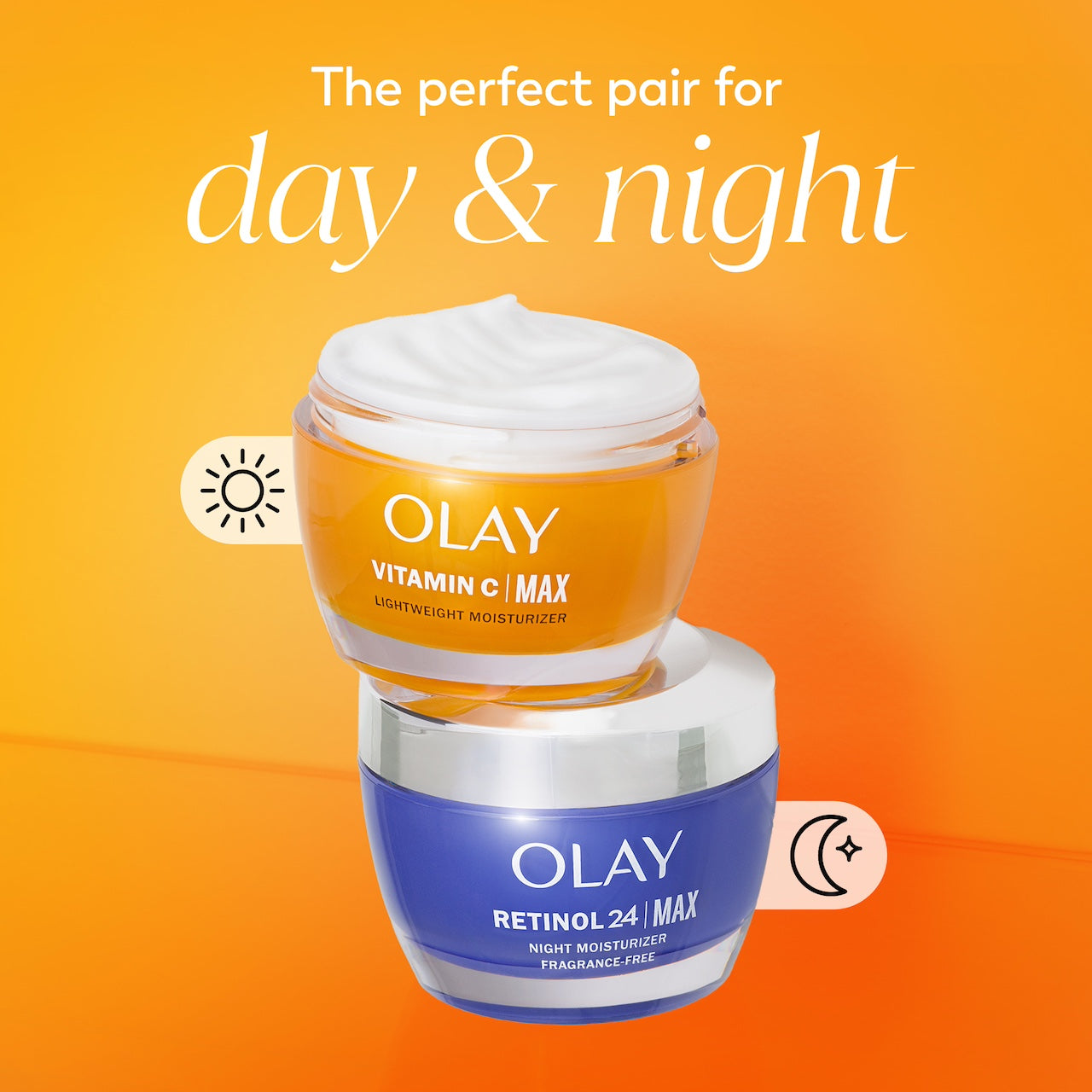 Vitamin C MAX Lightweight Hydrating Moisturizer jar and Retinol MAX night moisturizer jar. The perfect pair for day and night.