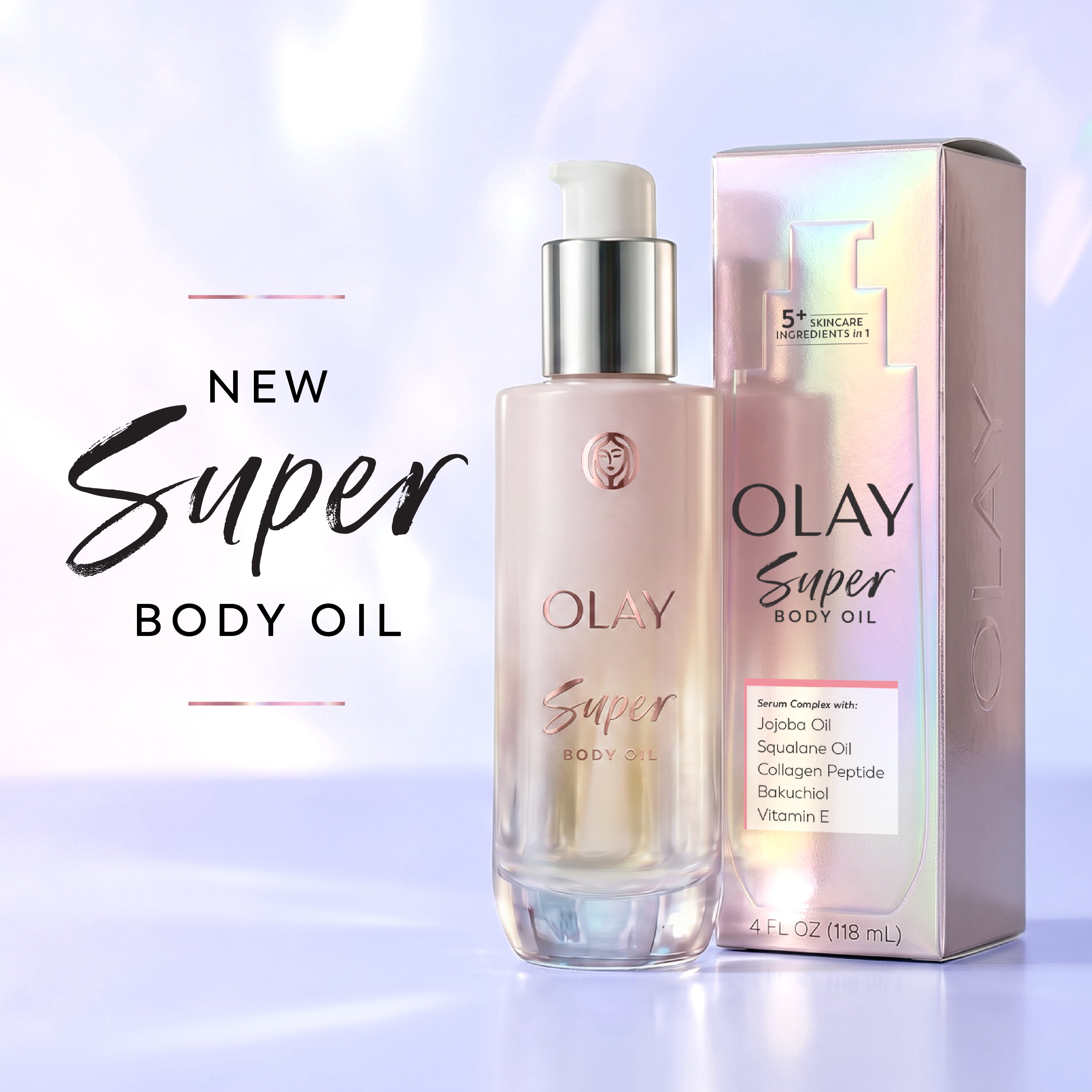 Olay Super Body Oil bottle with a silver pump and a matching iridescent box, shown on a soft light purple background with promotional text reading 'NEW Super BODY OIL'.