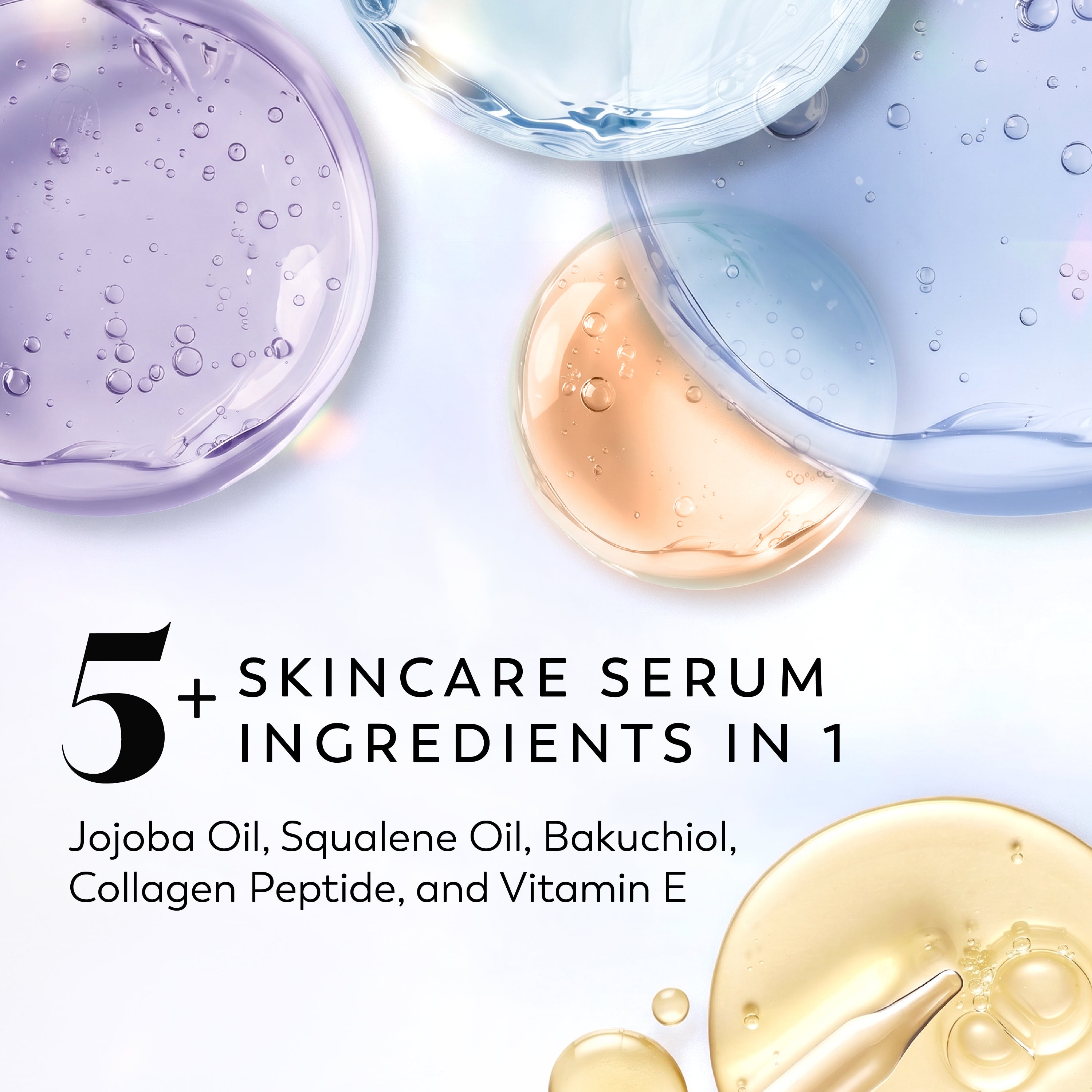 Promotional graphic for a skincare serum with text reading '5+ SKINCARE SERUM INGREDIENTS IN 1' and listed ingredients including Jojoba Oil, Squalene Oil, Bakuchiol, Collagen Peptide, and Vitamin E. The design features translucent cosmetic droplets in purple, blue, peach, and gold on a white background.
