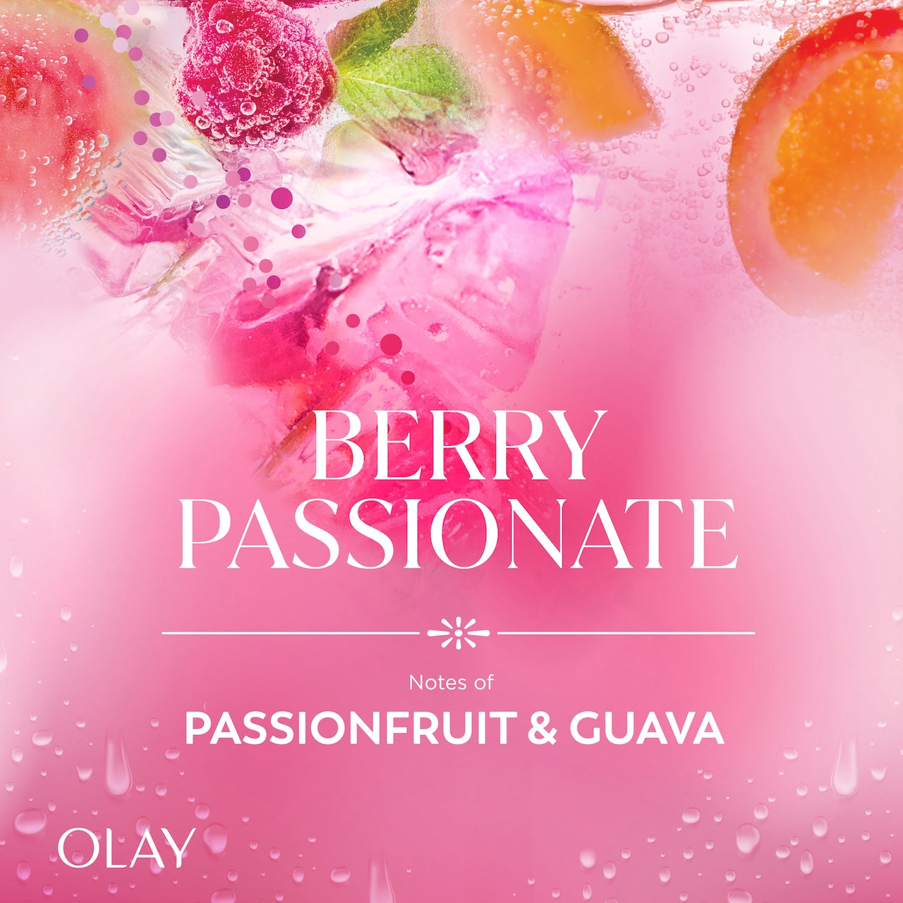 Variety of fruit in pink water. Berry passionate notes of passionfruit and guava.