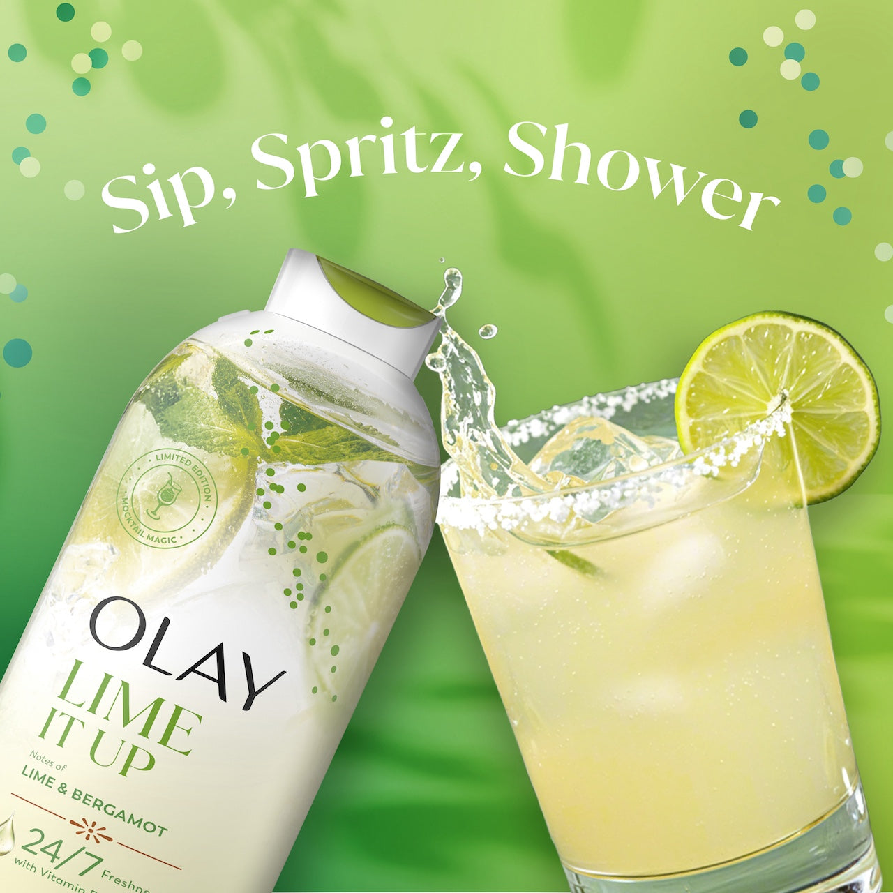 Olay Lime It Up Body Wash and a lime drink splashing. Sip, spritz, shower