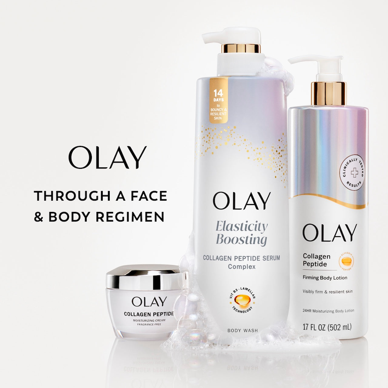 Olay through a face and body regimen.  Collagen peptide moisturizer, Elasticity boosting body wash, firming body lotion