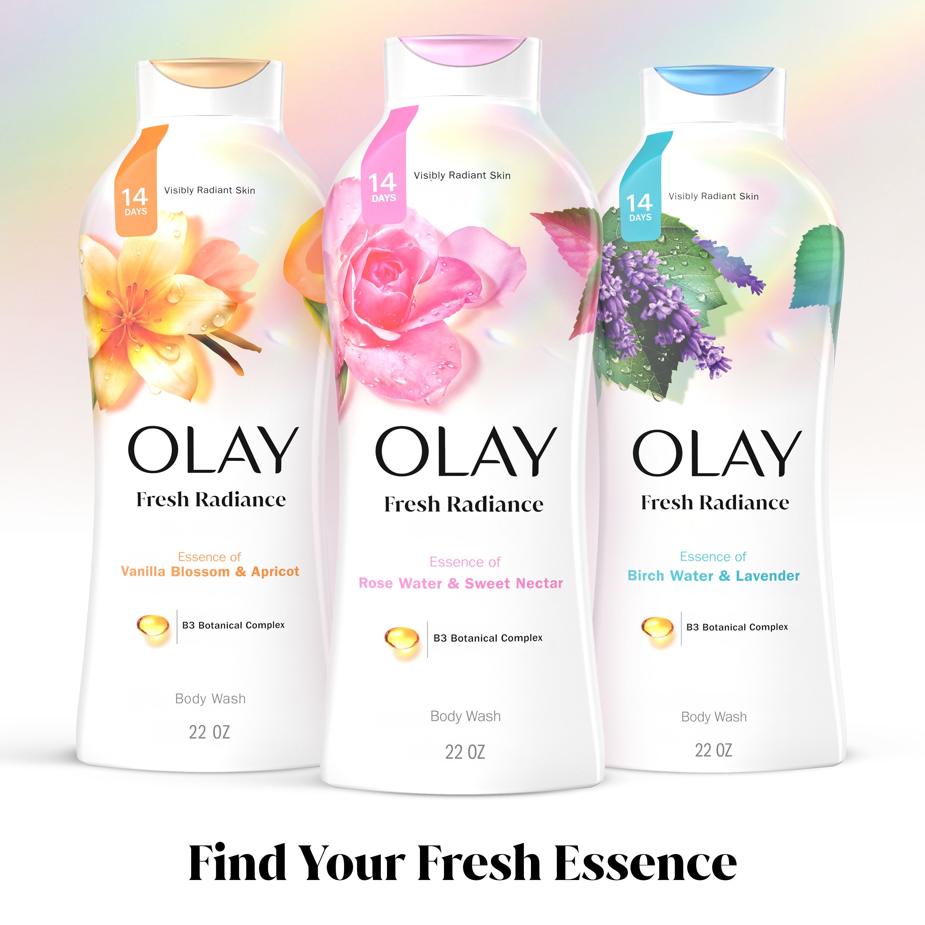 Olay Fresh Radiance body wash lineup. Find your fresh essence.