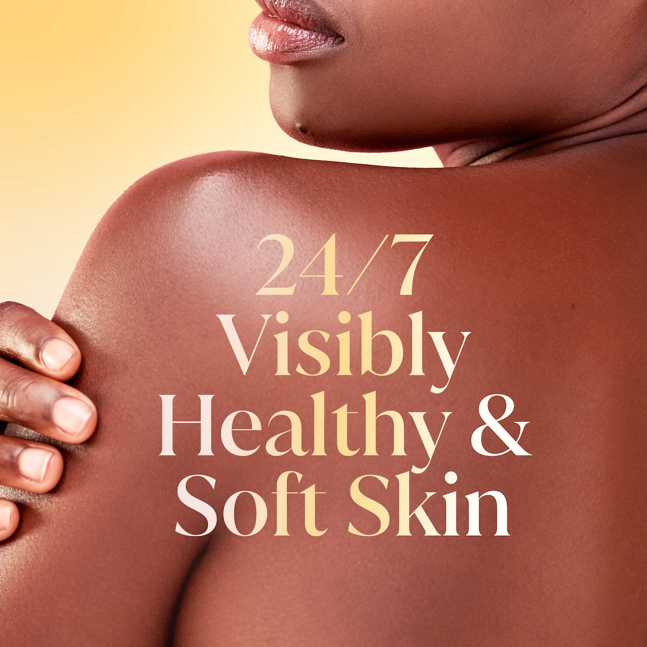 Model posing back facing. 24/7 visibly healtyh and soft skin