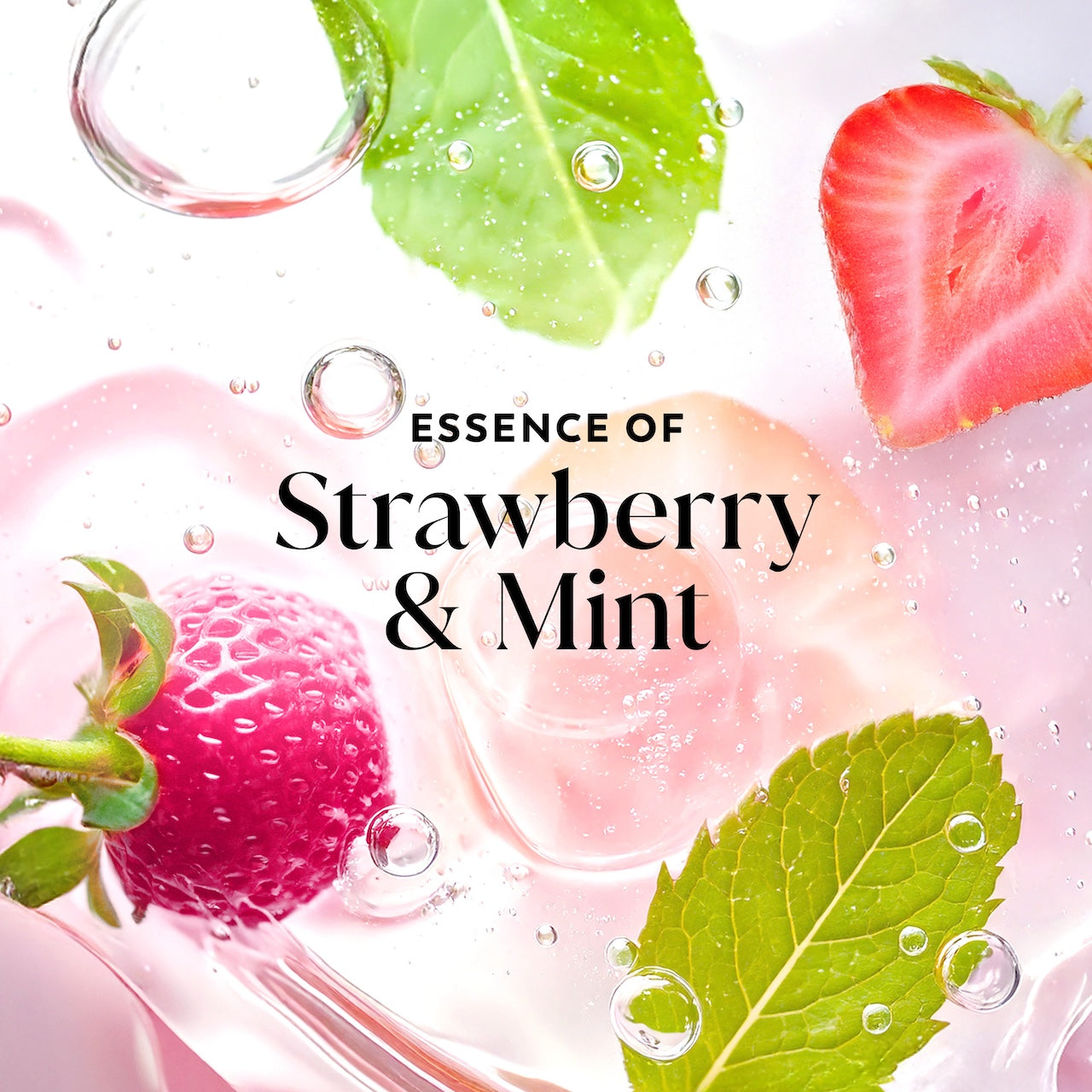 Strawberries and leaves in water. Essence of strawberry and mint