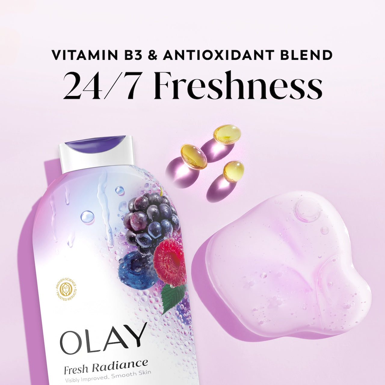 Fresh Radiance Body Wash Bottle and vitamin capsules. Vitamin B3 and antioxidant blend. 24/7 freshness
