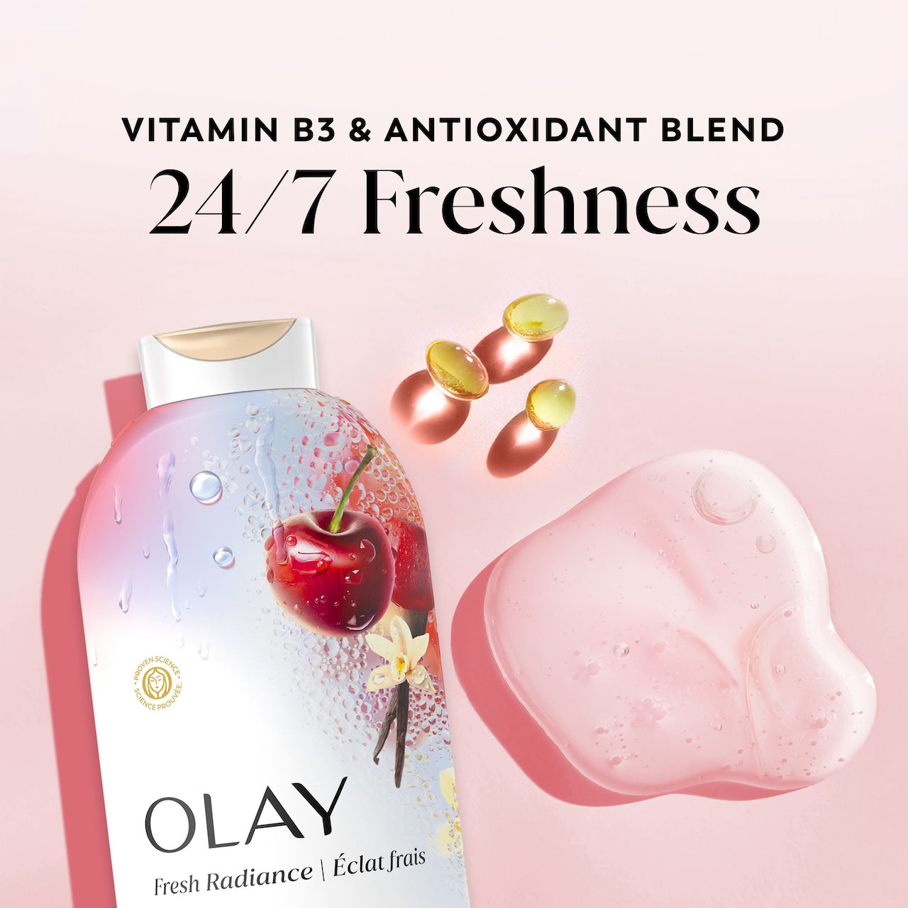 Fresh Radiance Body Wash Bottle and vitamin capsules. Vitamin B3 and antioxidant blend. 24/7 freshness