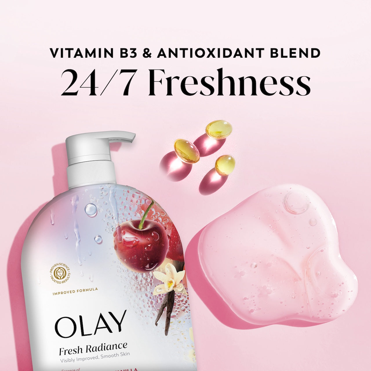 Fresh Radiance Body Wash Bottle and vitamin capsules. Vitamin B3 and antioxidant blend. 24/7 freshness