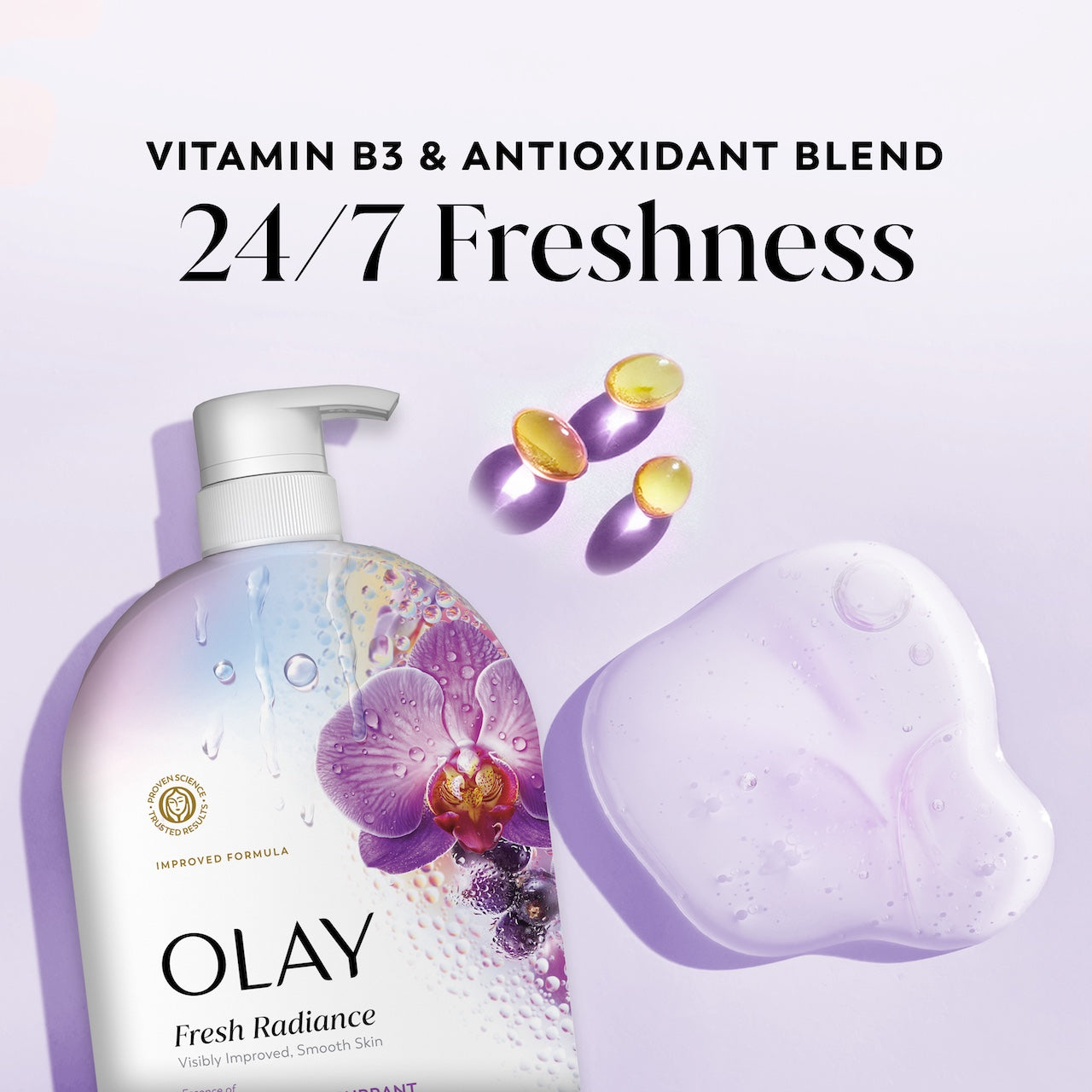 Fresh Radiance Body Wash Bottle and vitamin capsules. Vitamin B3 and antioxidant blend. 24/7 freshness