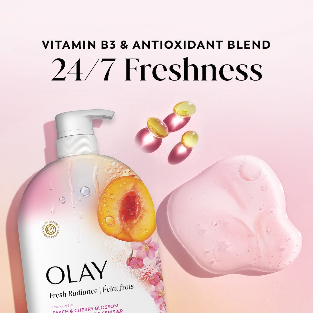 Fresh Radiance Body Wash Bottle and vitamin capsules. Vitamin B3 and antioxidant blend. 24/7 freshness