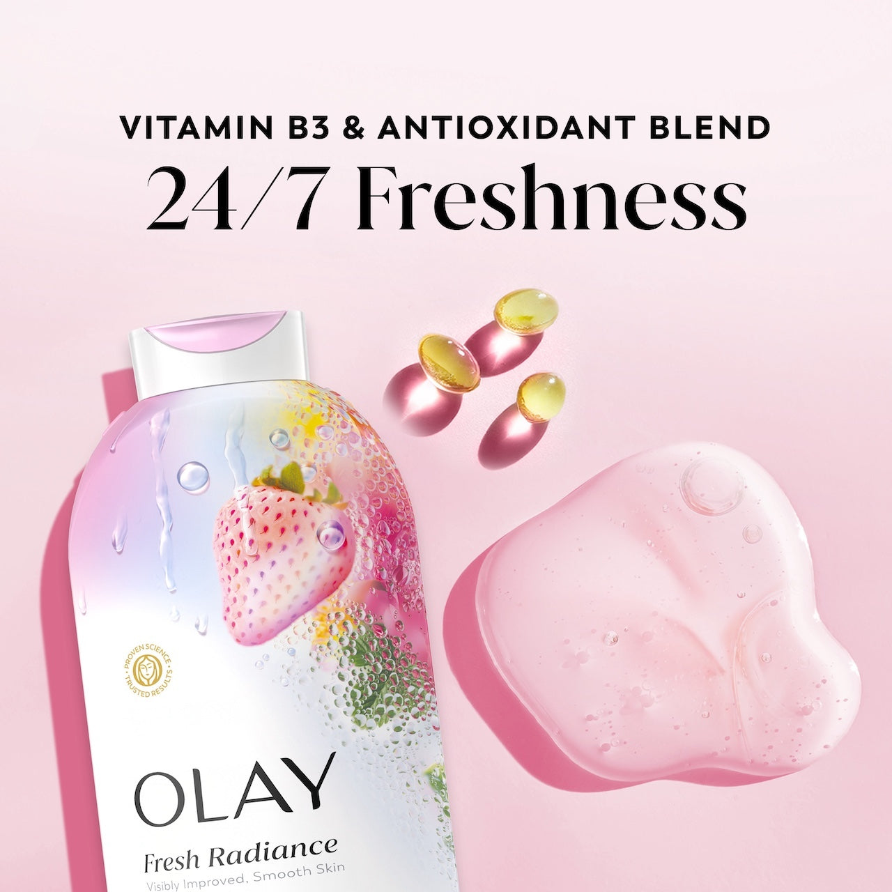 Fresh Radiance Body Wash Bottle and vitamin capsules. Vitamin B3 and antioxidant blend. 24/7 freshness