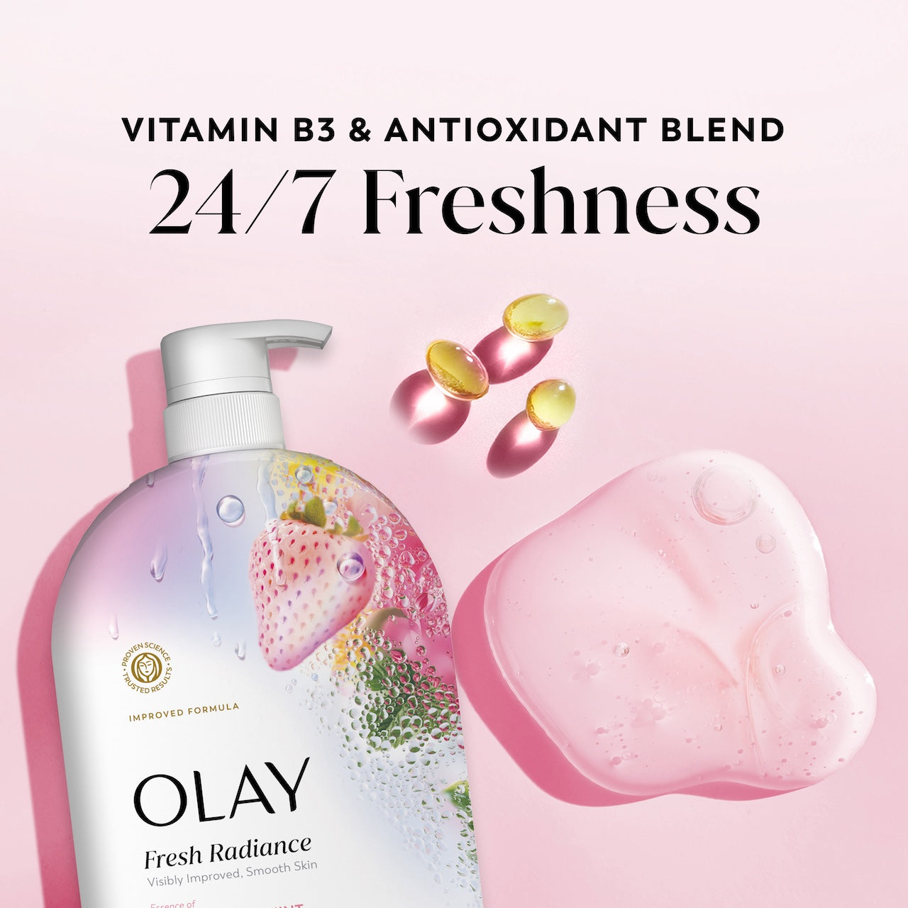 Fresh Radiance Body Wash Bottle and vitamin capsules. Vitamin B3 and antioxidant blend. 24/7 freshness