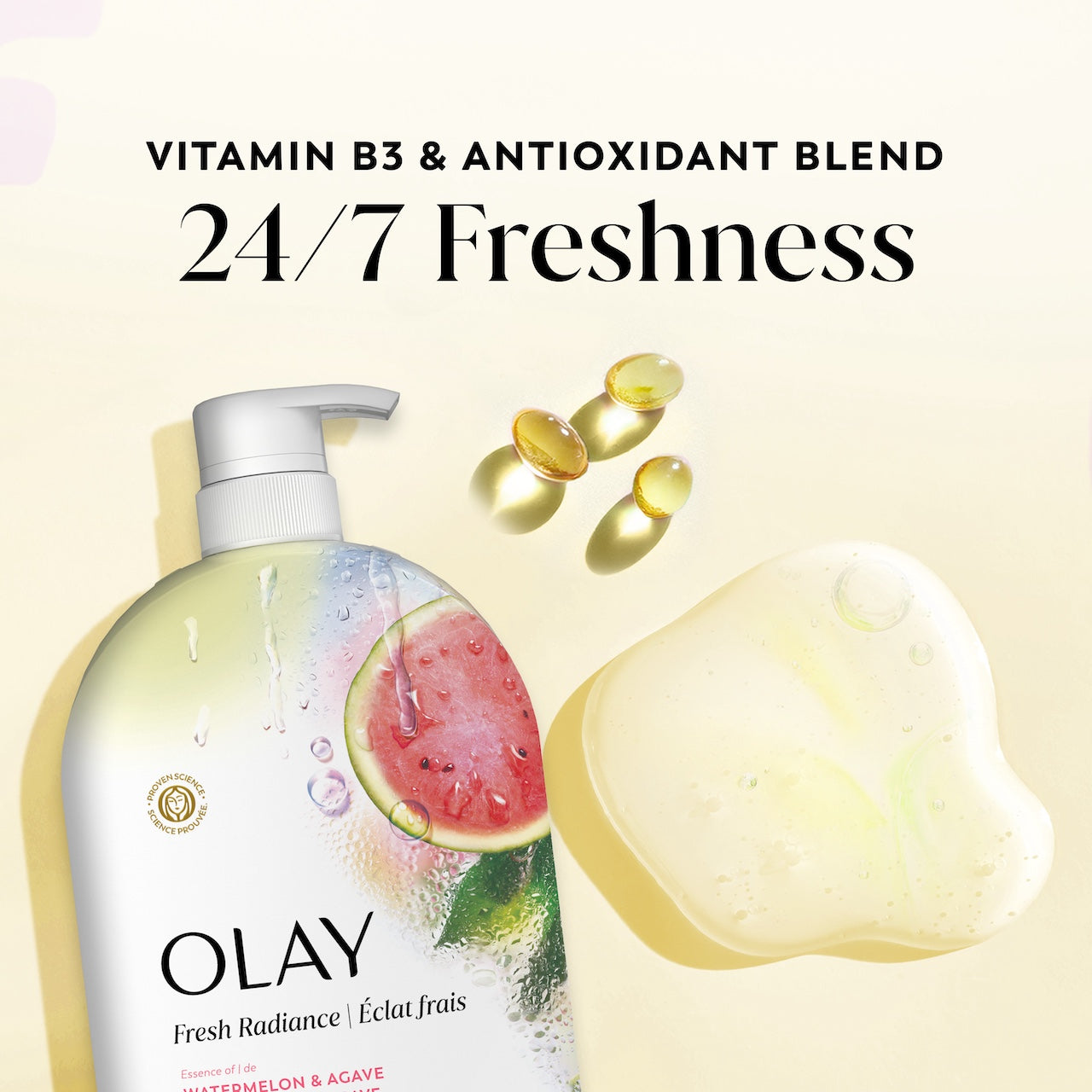Fresh Radiance Body Wash Bottle and vitamin capsules. Vitamin B3 and antioxidant blend. 24/7 freshness