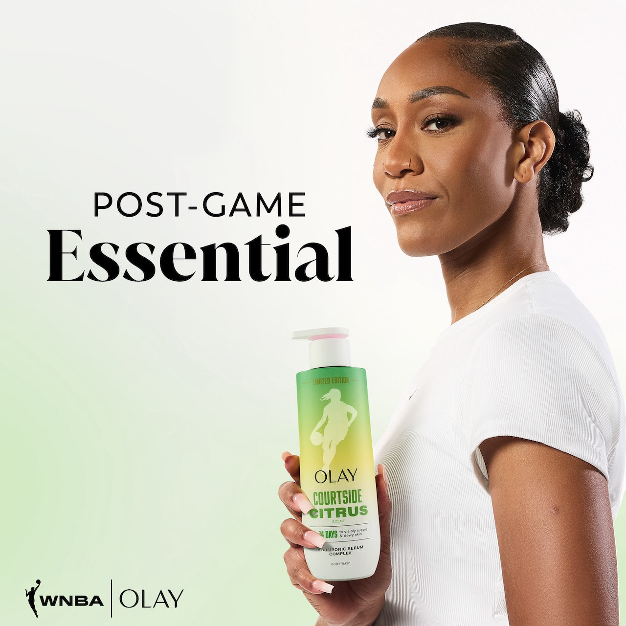 A'jA Wilson posing holding Intensely Hydrating Body Wash.Post game essential