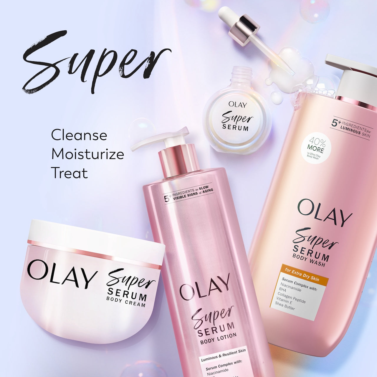 Super product lineup. Super Serum, Super Cream, Super Body Lotion and Super Body Wash containers. Cleanse, moisturize, treat