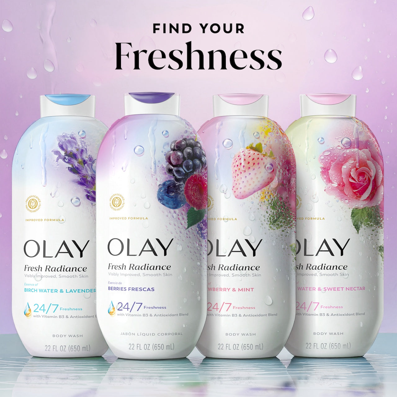 Fresh Radiance Body Wash 4 bottle lineup. Find your freshness