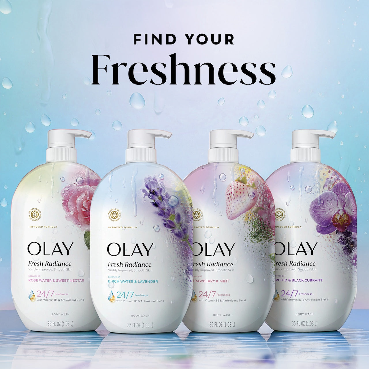 Fresh Radiance Body Wash 4 bottle lineup. Find your freshness