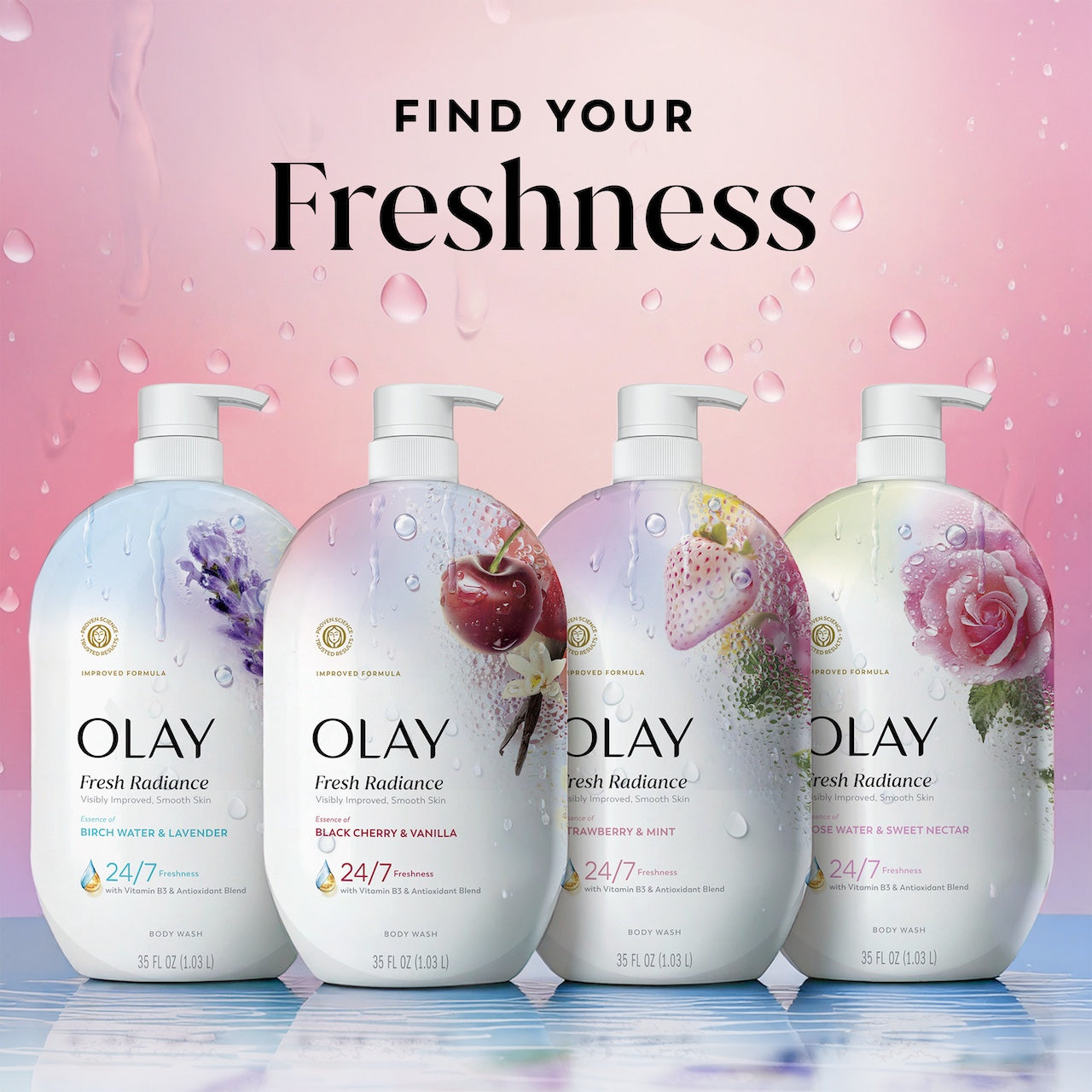 Fresh Radiance Body Wash 4 bottle lineup. Find your freshness