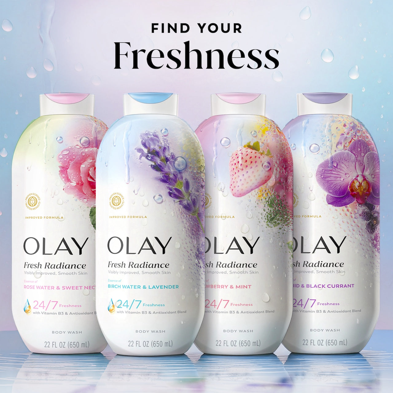 Fresh Radiance Body Wash 4 bottle lineup. Find your freshness