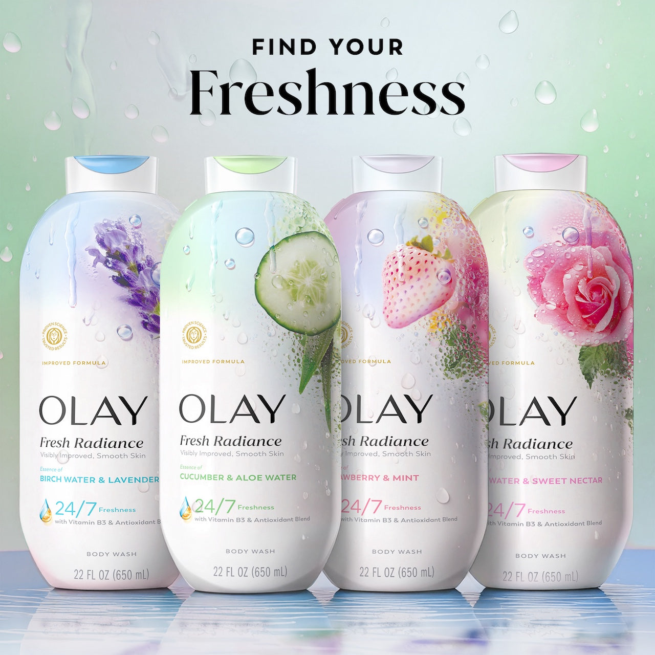 Fresh Radiance Body Wash 4 bottle lineup. Find your freshness