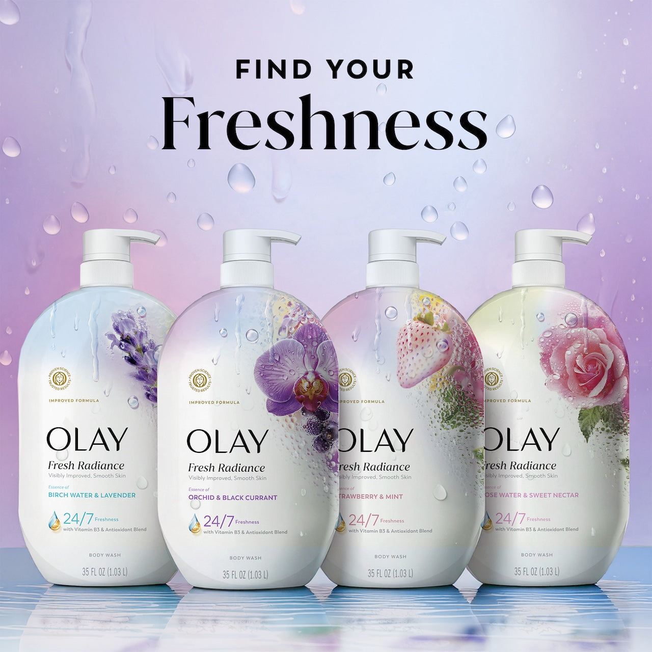 Fresh Radiance Body Wash 4 bottle lineup. Find your freshness