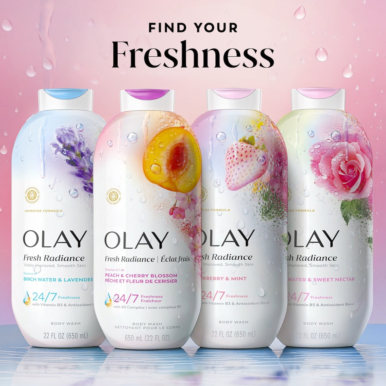 Fresh Radiance Body Wash 4 bottle lineup. Find your freshness