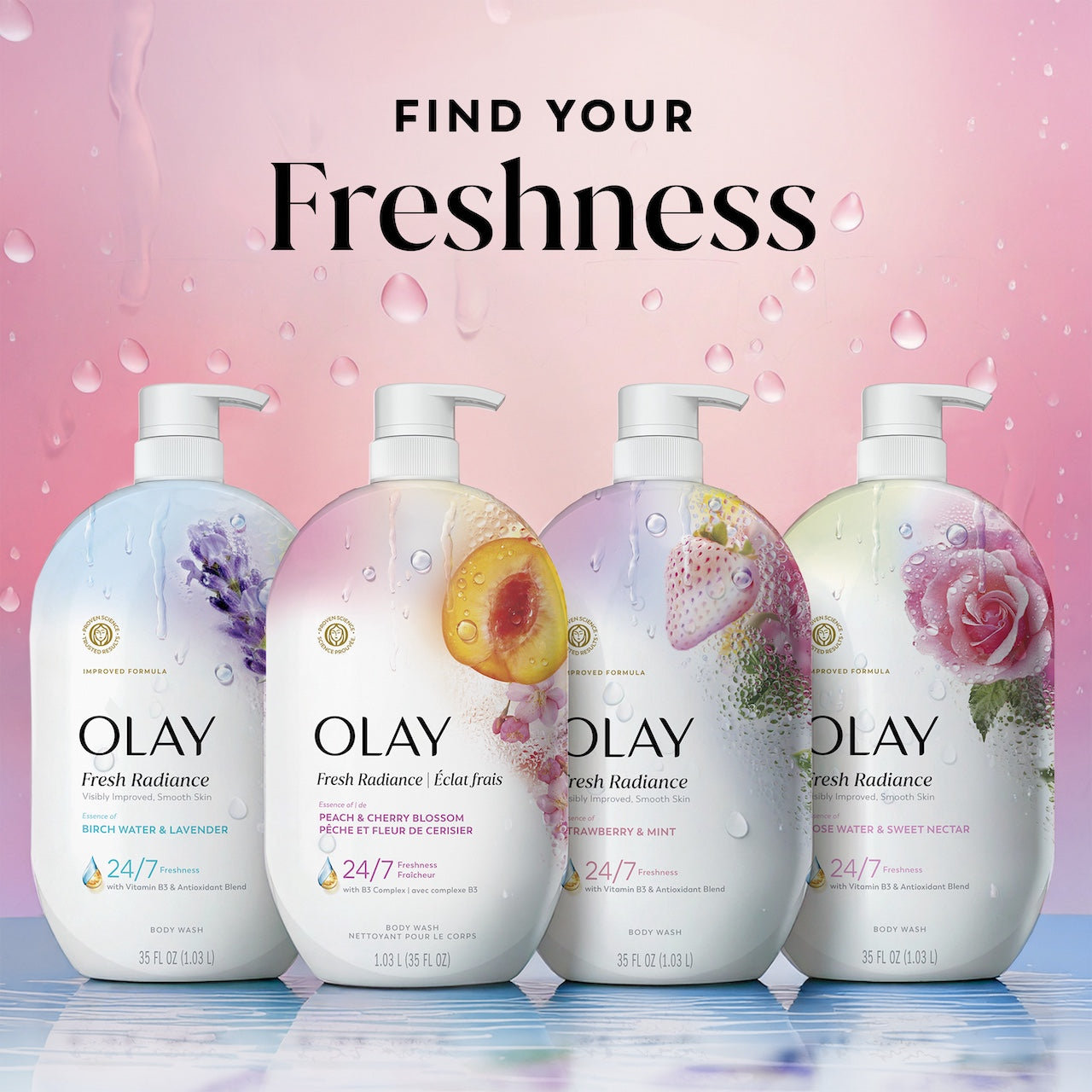Fresh Radiance Body Wash 4 bottle lineup. Find your freshness