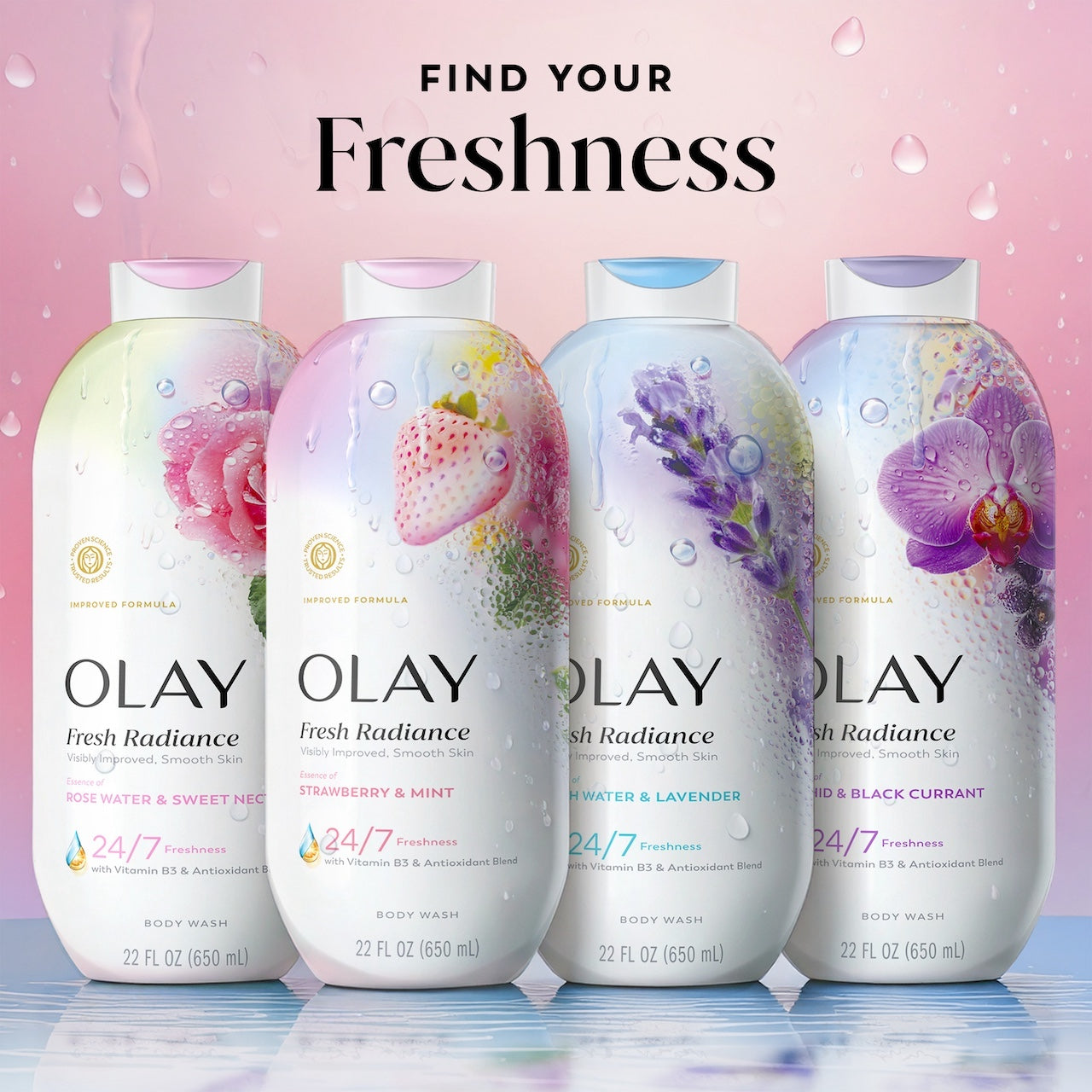 Fresh Radiance Body Wash 4 bottle lineup. Find your freshness