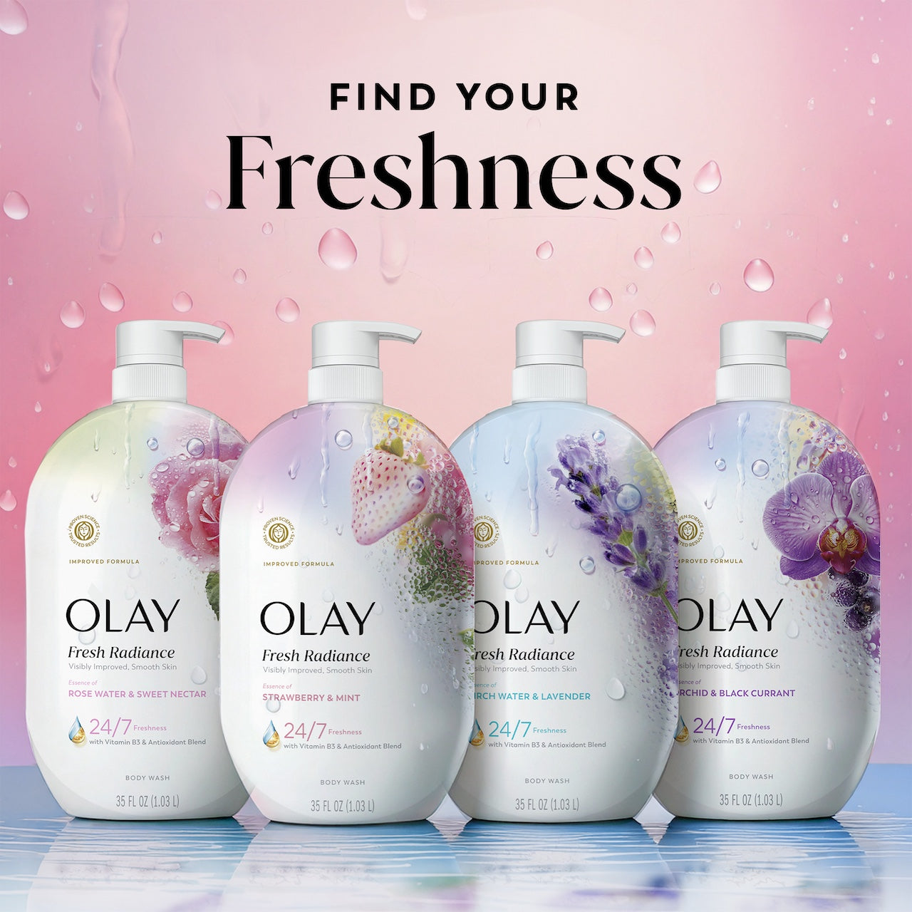Fresh Radiance Body Wash 4 bottle lineup. Find your freshness