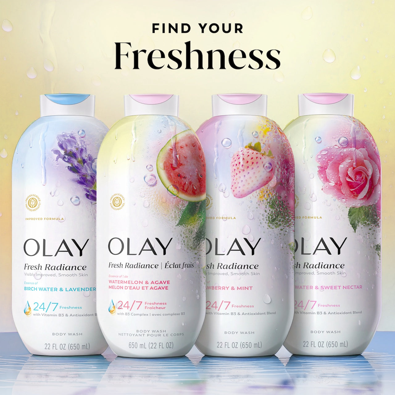 Fresh Radiance Body Wash 4 bottle lineup. Find your freshness