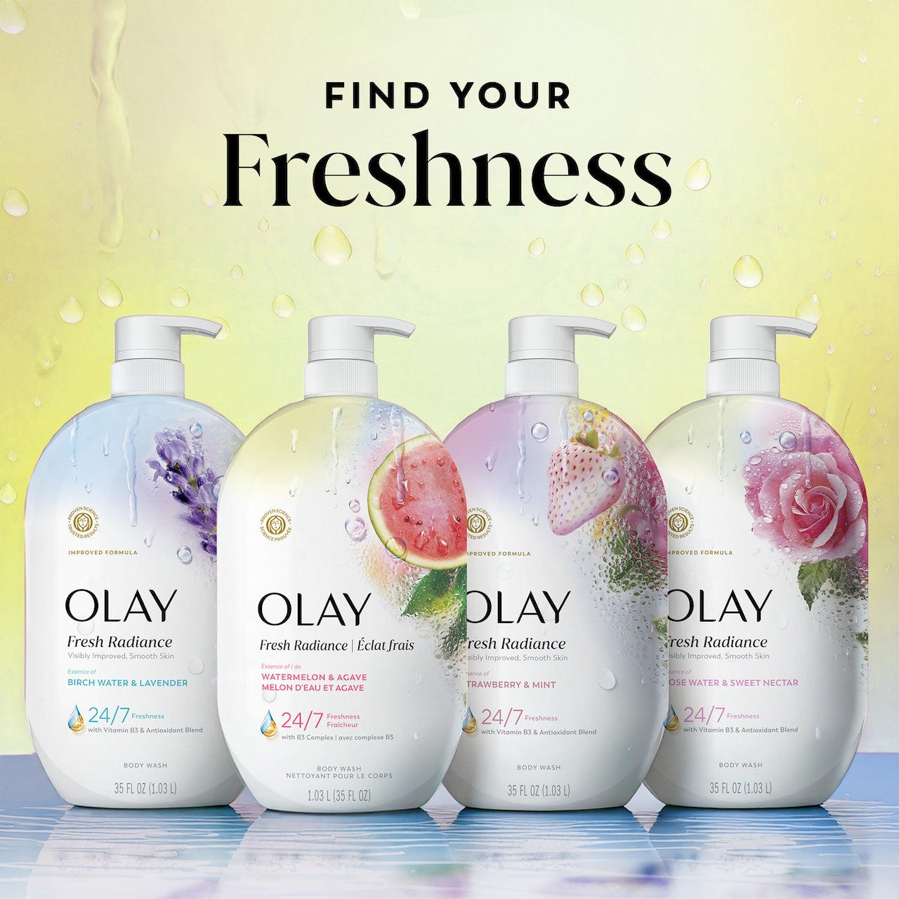 Fresh Radiance Body Wash 4 bottle lineup. Find your freshness