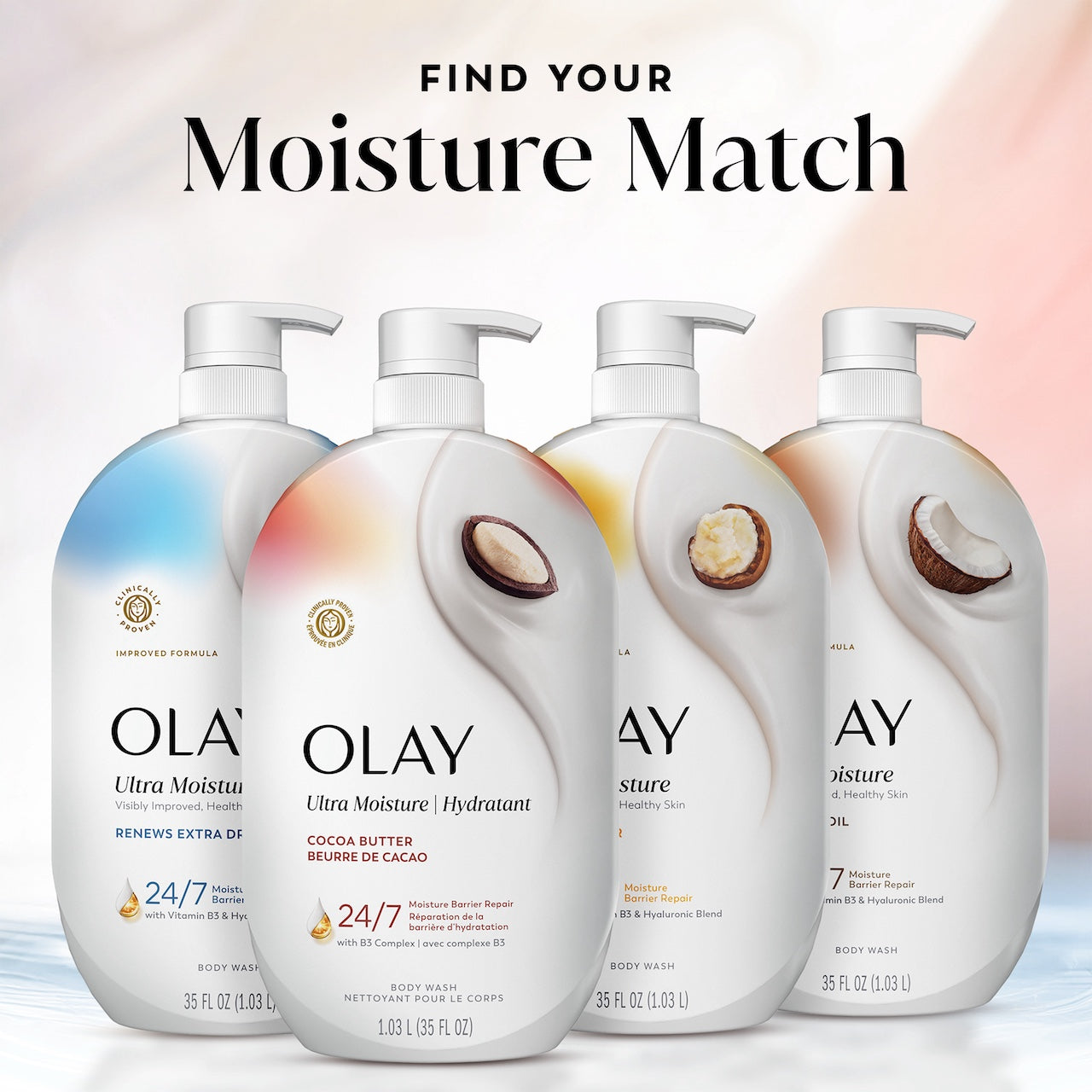 Find your match. 4 bottles Ultra Moisture body wash lineup
