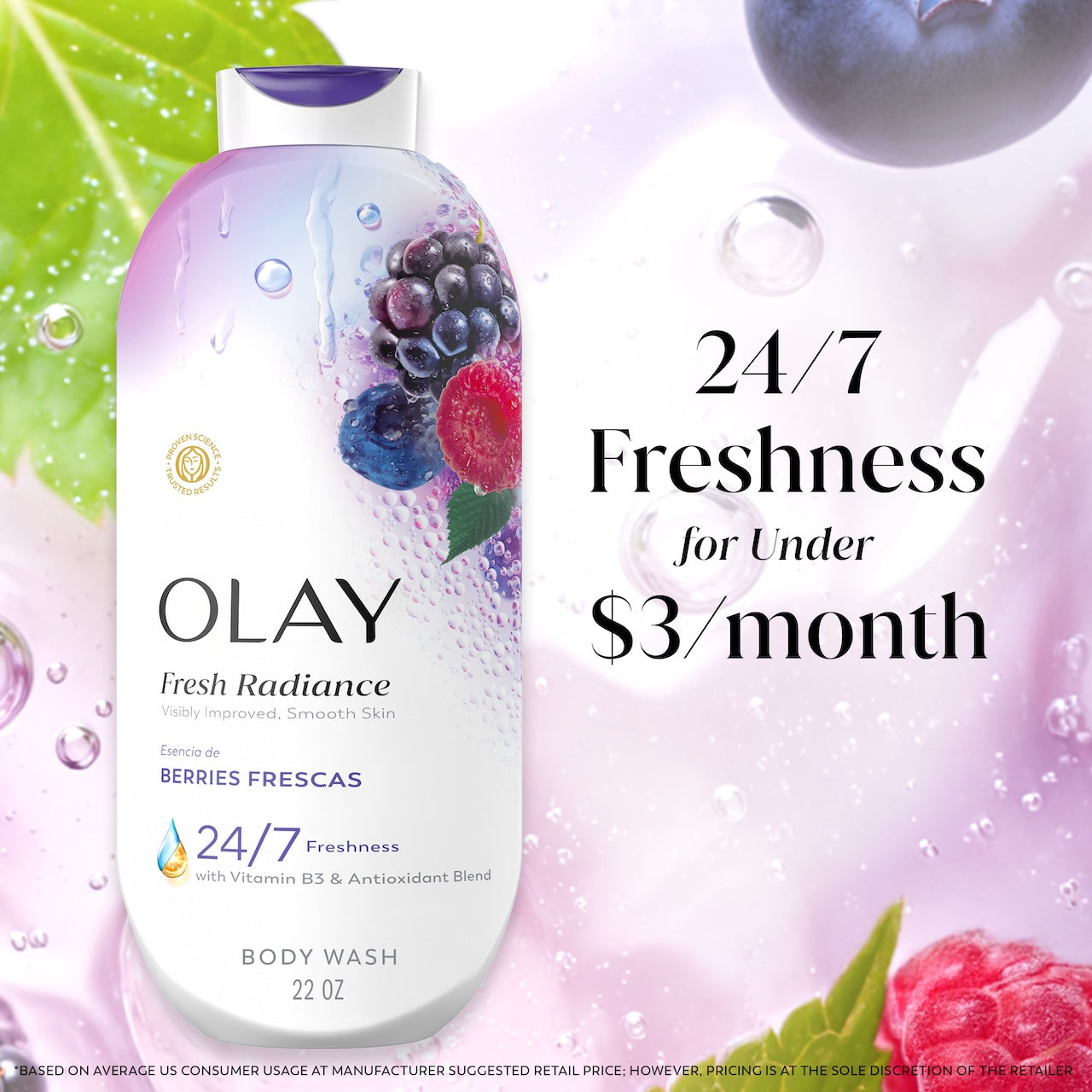Fresh Radiance Body Wash bottle with leaves and berries in water. 24/7 freshness for under $3 a month